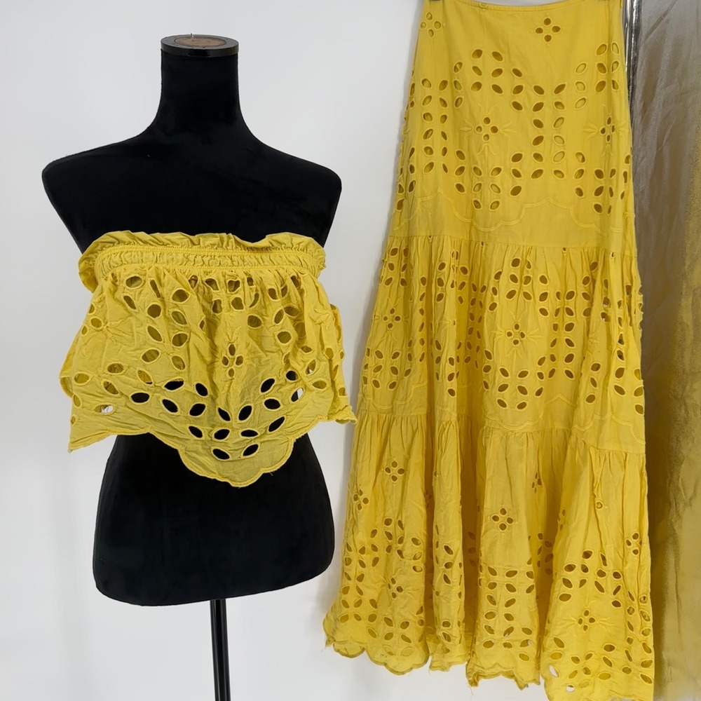 Luxxel Yellow Eyelet Matching 2 Pc Set Strapless Top Maxi Long Skirt Summer S/M - Picture 2 of 6